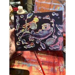 Artettina Original Sea Otter Painting Whimsical Marine Art jellyfish Abolone EAE